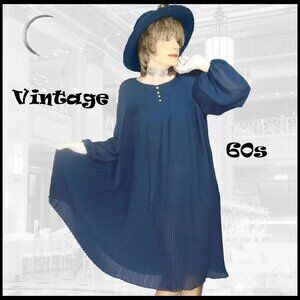 Long Sleeve Formal Tent Dress, Navy Accordion Pleated Loose Vintage Maternity